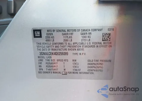 2016 Chevrolet Equinox Lt из США, поврежденный, VIN 2GNALCEK4G6256089